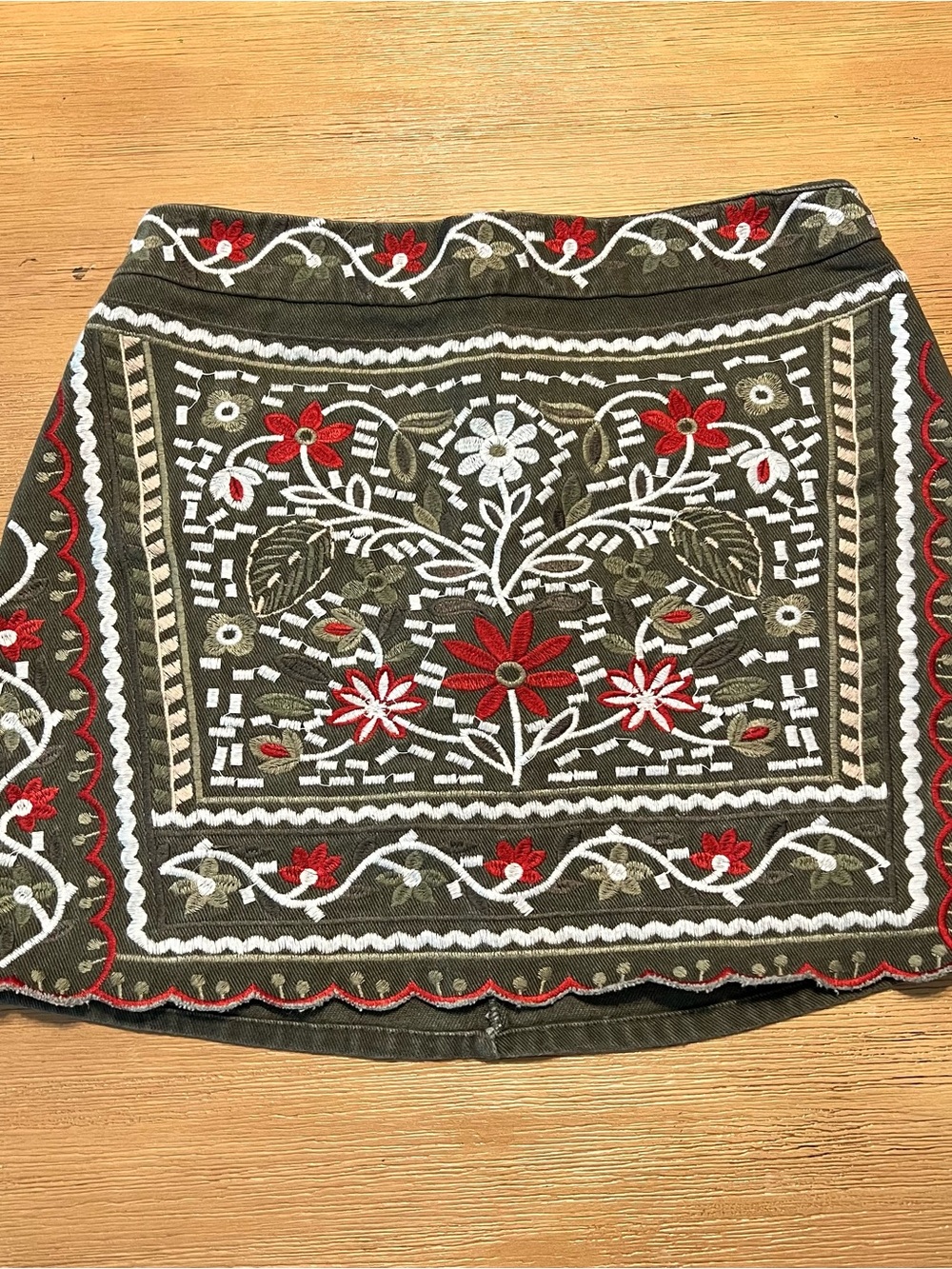 Mi Ami Olive Green Mini Skirt with Red & White Floral Embroidery
